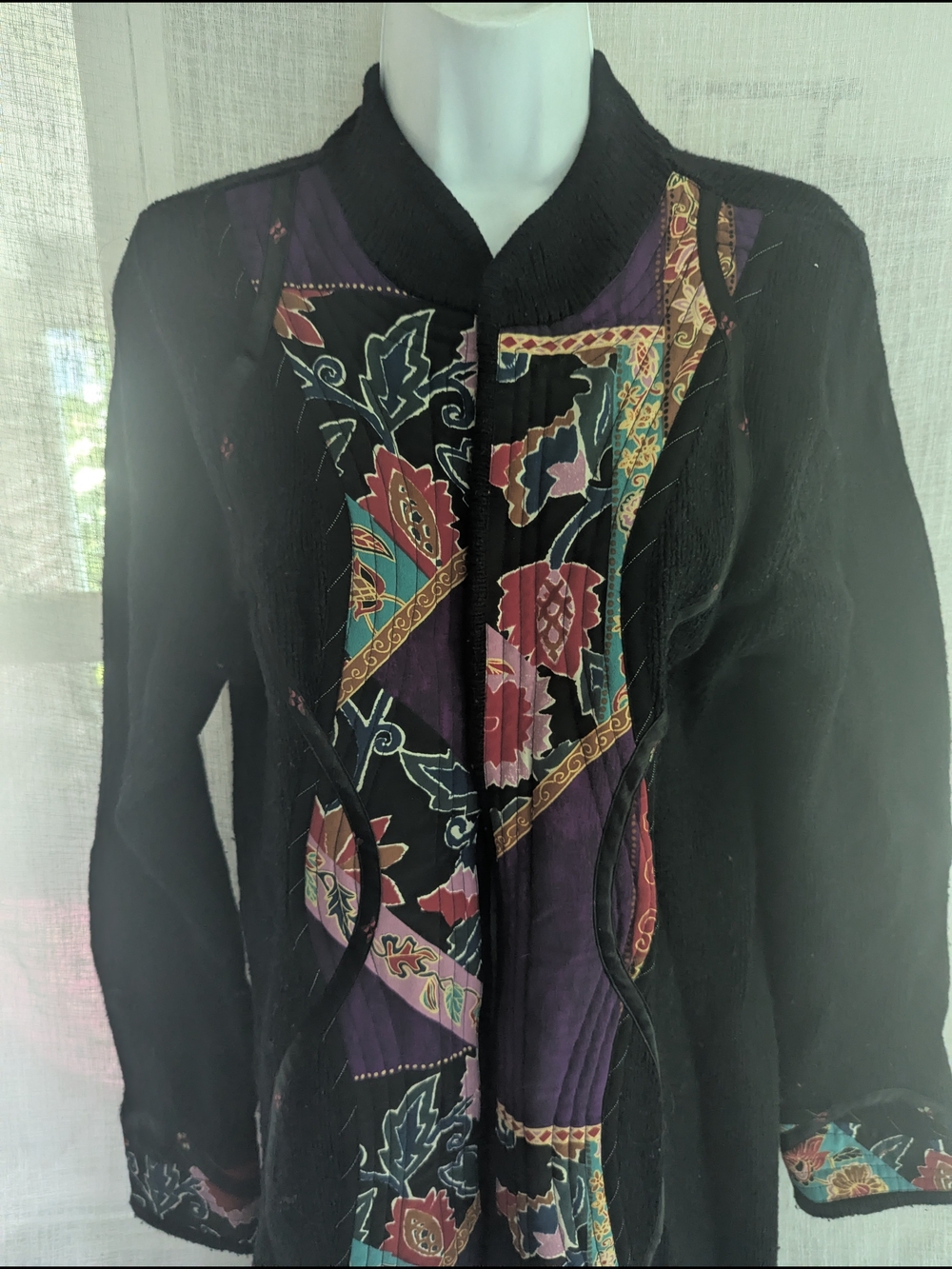 Koos Of Course! Black Longline Jacket with Multicolor Floral Quilted Art Panels